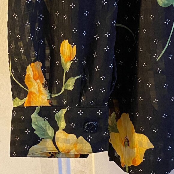 Alfred Dunner Sz 18 (XL) Blouse Button Up Short Sleeve Black Yellow Poppies - Picture 5 of 10